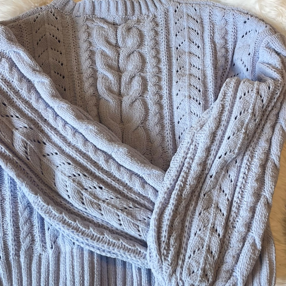 Pink Rose Blue Cowl Neck Sweater with Cable Knit Design